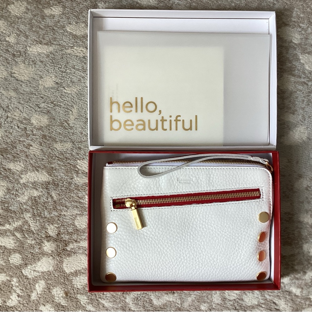 Hammitt Red and White Nash Wristlet with Gold Accents- never used, box included.